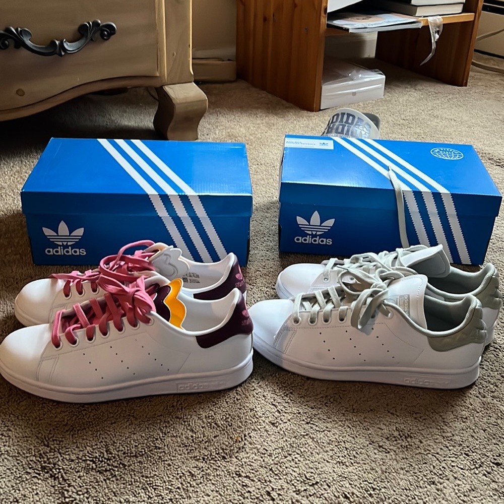 Mildly used 2 pairs of womens stan Smith Primegreen material (Not Leather)